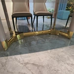 Cream White High-Gloss Dining Table with Rounded Corners and Architectural Gold Metal Bas